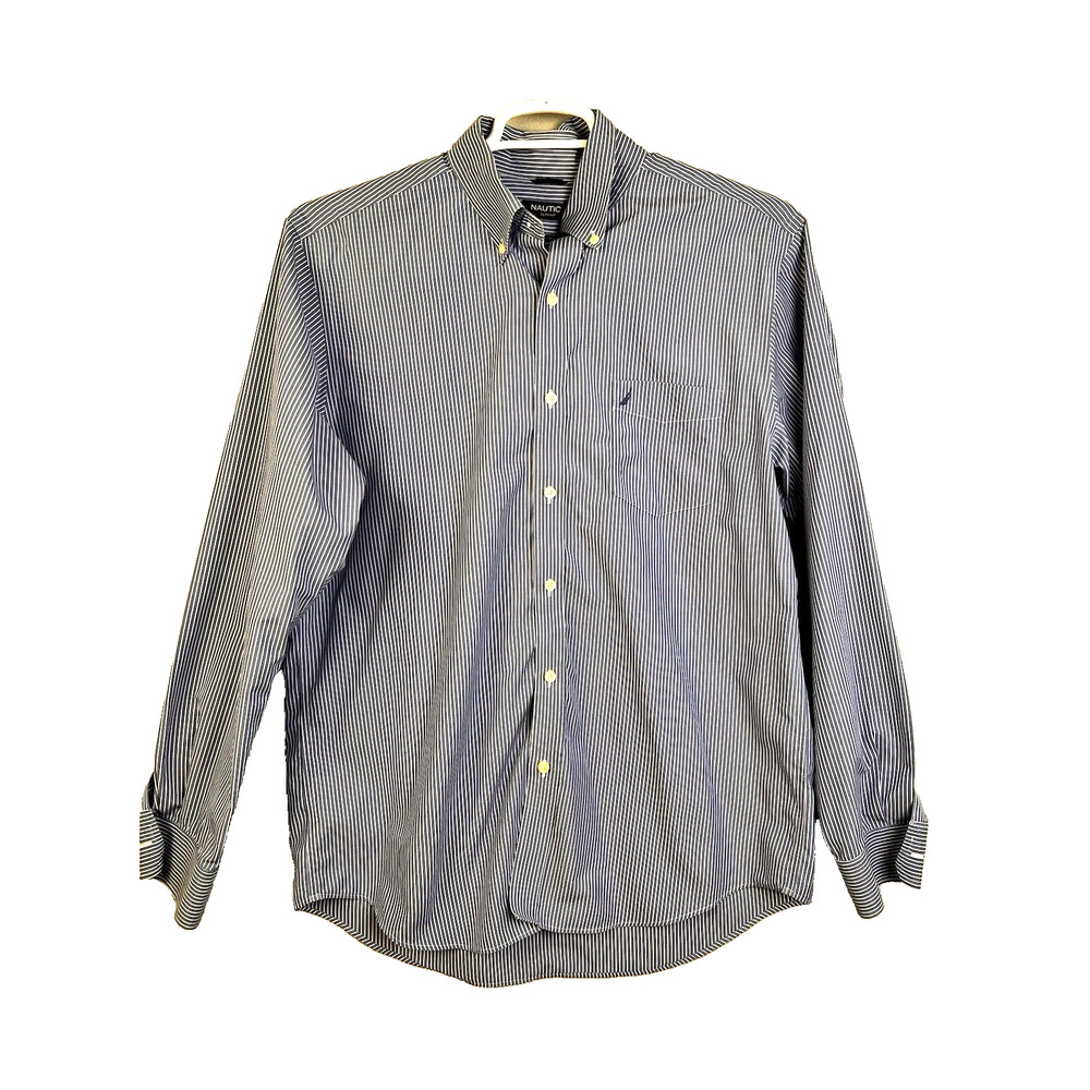 Nautica Button Down Shirt Men's Large Slim Fit Blue Stripe Cotton Preppy Work